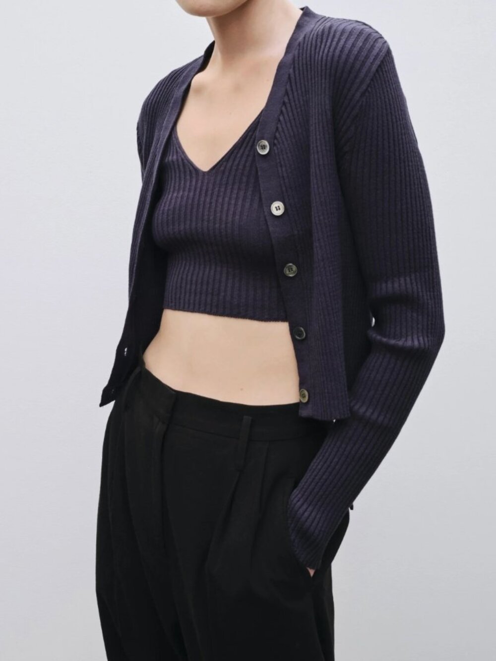 Mijeong Park Ribbed Knit V-Neck Cardigan Sweater Navy